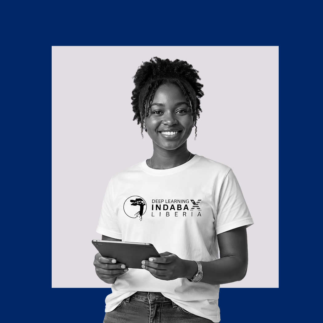 Woman holding a tablet and wearing an IndabaX Liberia shirt, framed by a blue background.