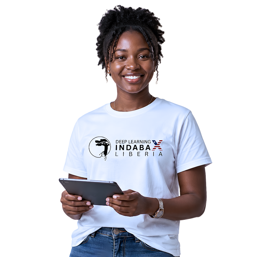 Portrait of a woman holding a tablet, wearing an IndabaX Liberia shirt.